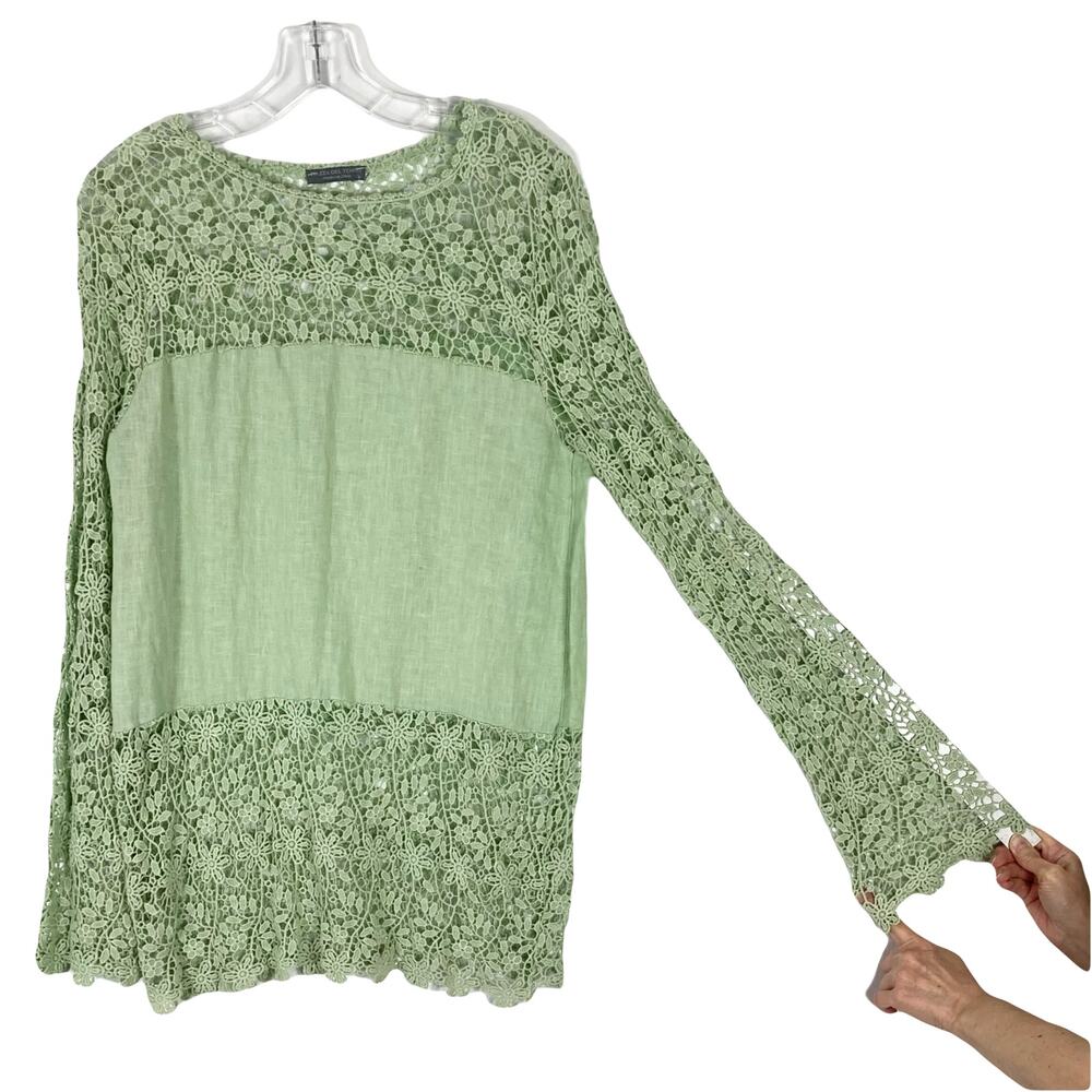 NWOT PIAZZA DEL TEMPIO Blouse M ITALY Green Linen Floral Crochet Long-Sleeve